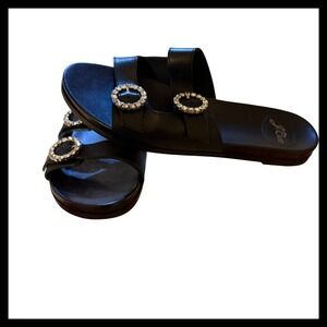 J. Crew Black Leather Slides Embellished Buckle Sandals Flats Women's Size 9